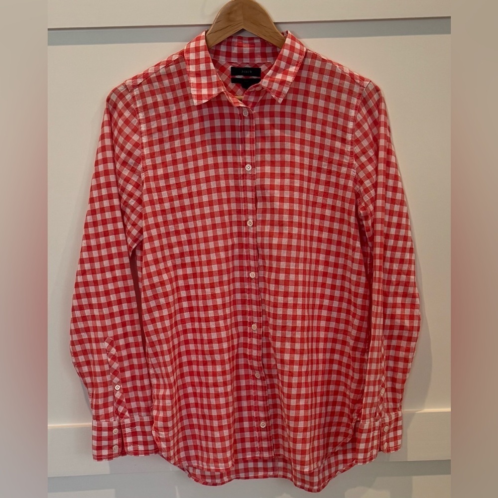 J. Crew Women's Orange Red Gingham Boy Fit Button Down Shirt Size 8